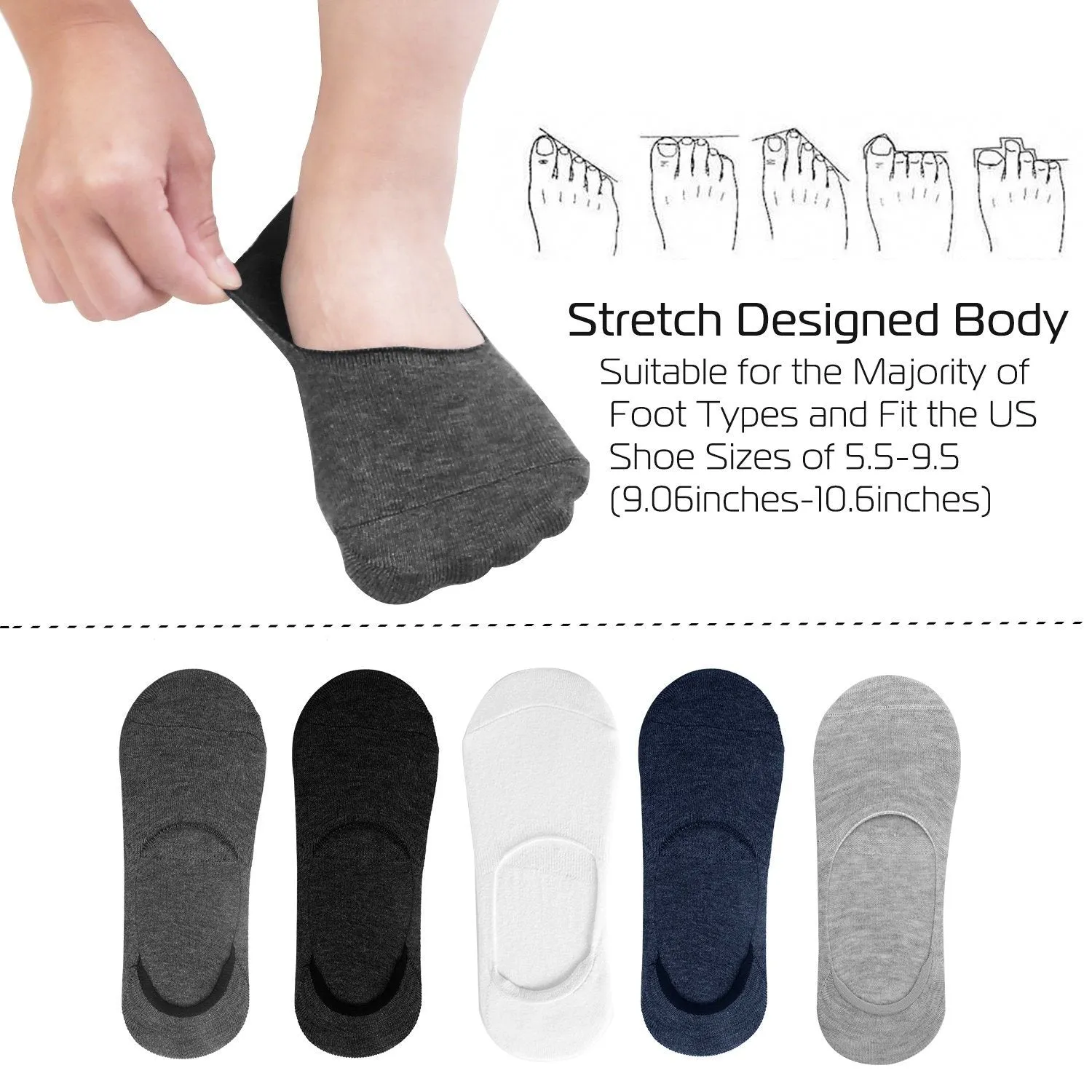 5-Pairs: Breathable No Show Boat Socks Non-Slip