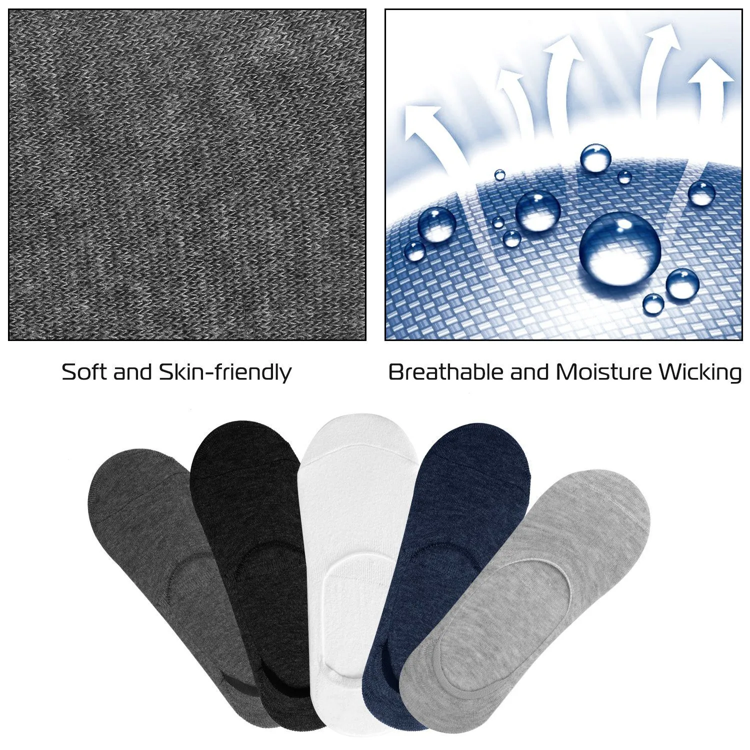 5-Pairs: Breathable No Show Boat Socks Non-Slip