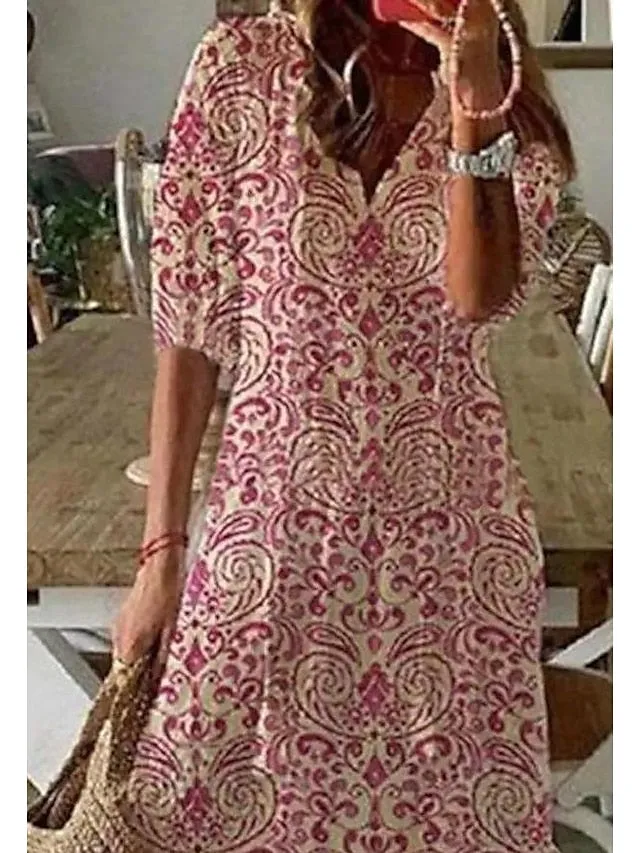 A Line Dress Maxi long Dress Pink Half Sleeve Floral Ethnic Tribe Print Ruched Summer Spring Dress V Neck Stylish Casual Dress  S M L XL XXL 3XL for Women