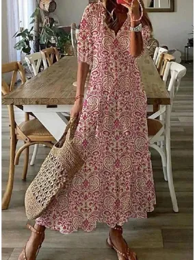 A Line Dress Maxi long Dress Pink Half Sleeve Floral Ethnic Tribe Print Ruched Summer Spring Dress V Neck Stylish Casual Dress  S M L XL XXL 3XL for Women