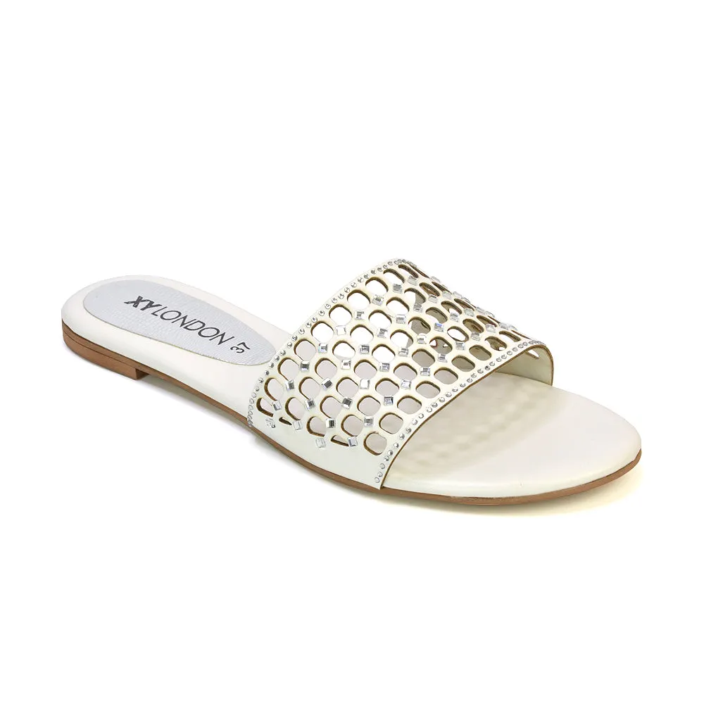 Abbie Mesh Strappy Diamante Slip On Flat Sandals Sliders in Gold