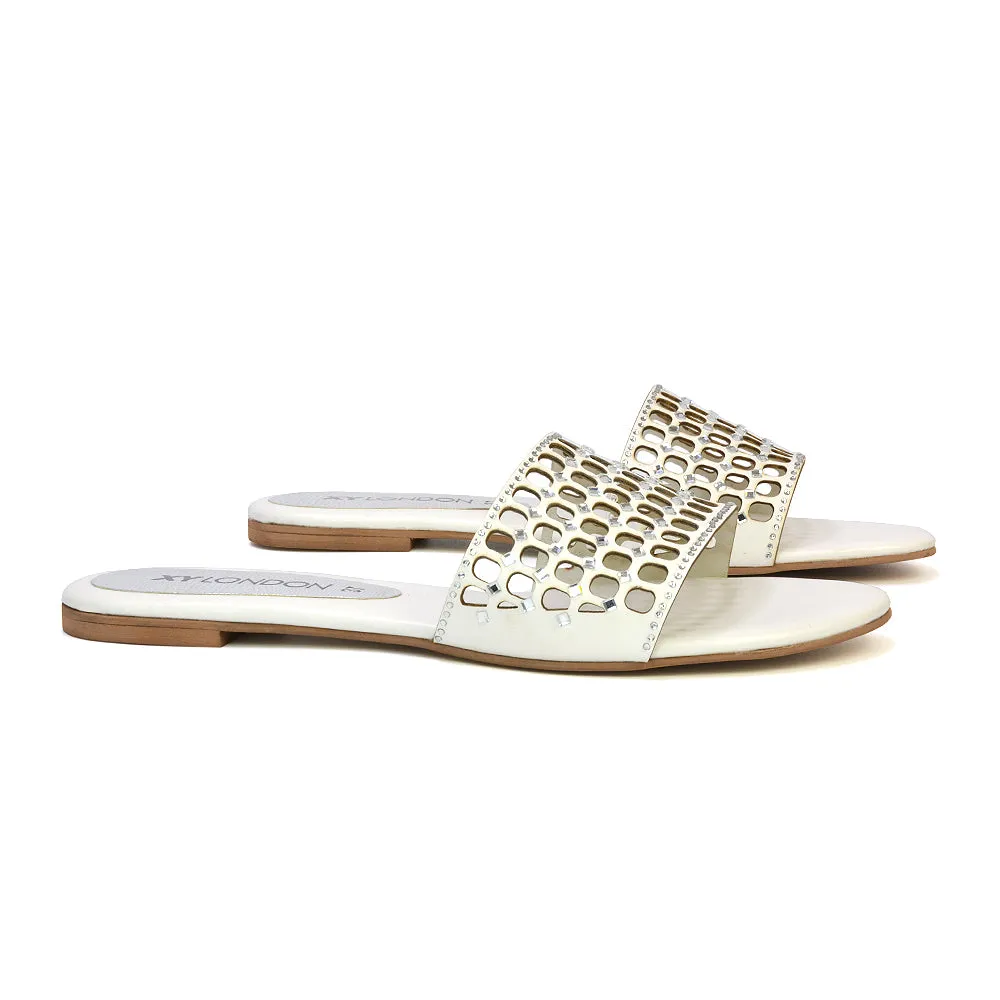 Abbie Mesh Strappy Diamante Slip On Flat Sandals Sliders in Gold