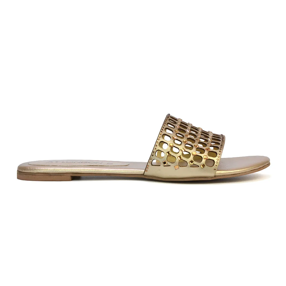 Abbie Mesh Strappy Diamante Slip On Flat Sandals Sliders in Gold