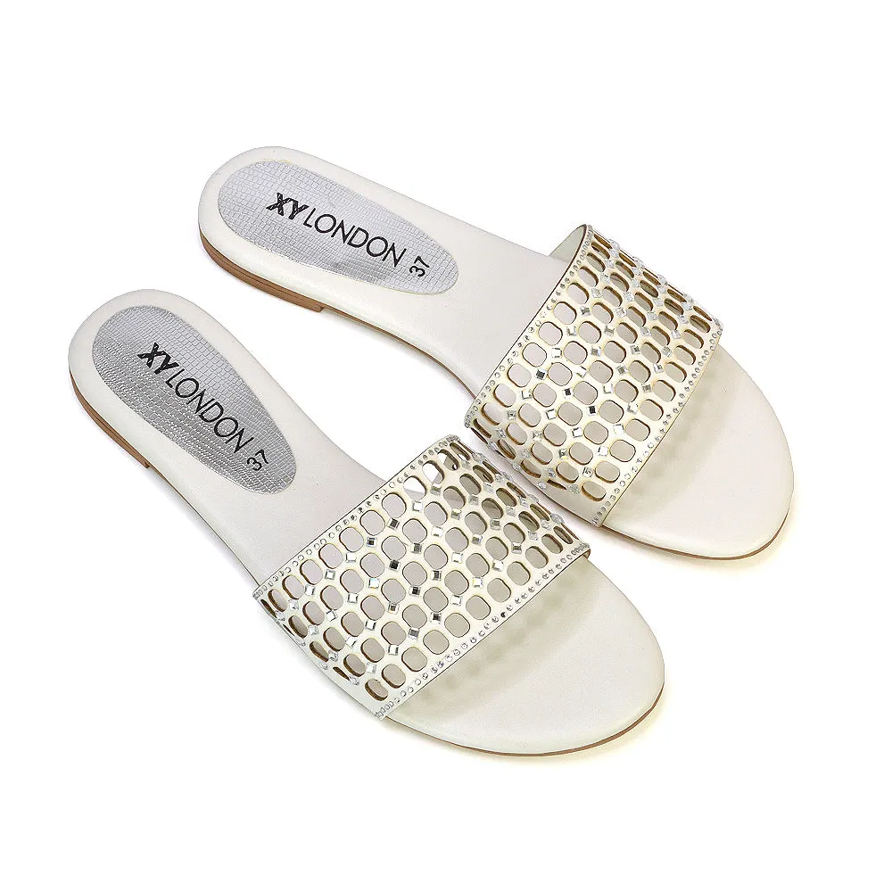 Abbie Mesh Strappy Diamante Slip On Flat Sandals Sliders in Gold