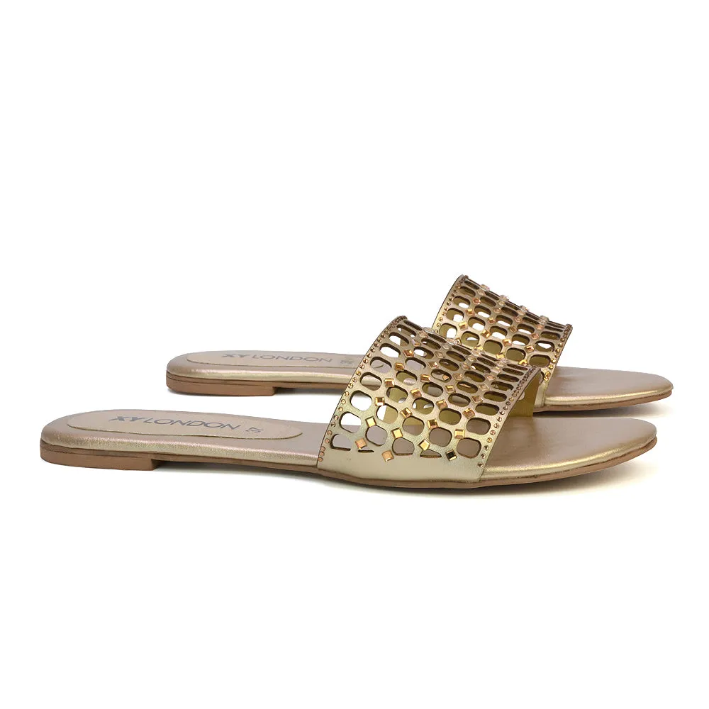 Abbie Mesh Strappy Diamante Slip On Flat Sandals Sliders in Gold