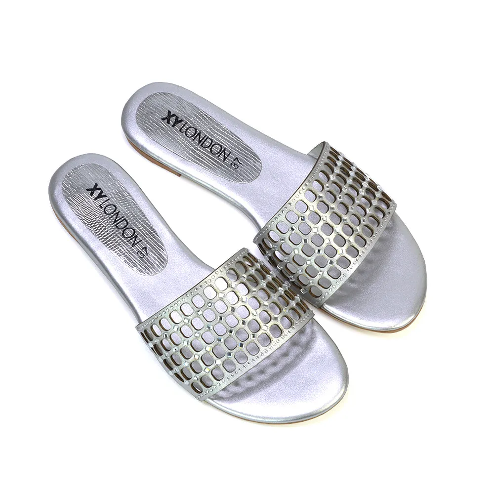 Abbie Mesh Strappy Diamante Slip On Flat Sandals Sliders in Gold