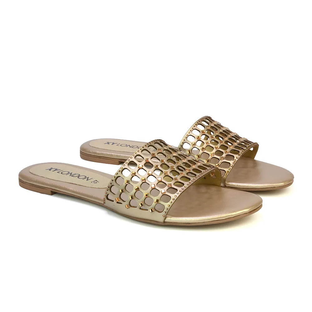 Abbie Mesh Strappy Diamante Slip On Flat Sandals Sliders in Gold