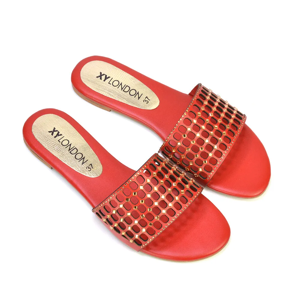 Abbie Mesh Strappy Diamante Slip On Flat Sandals Sliders in Red