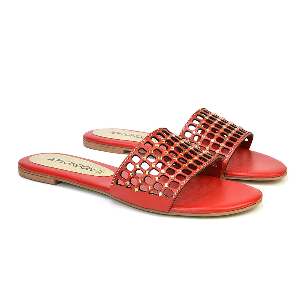 Abbie Mesh Strappy Diamante Slip On Flat Sandals Sliders in Red