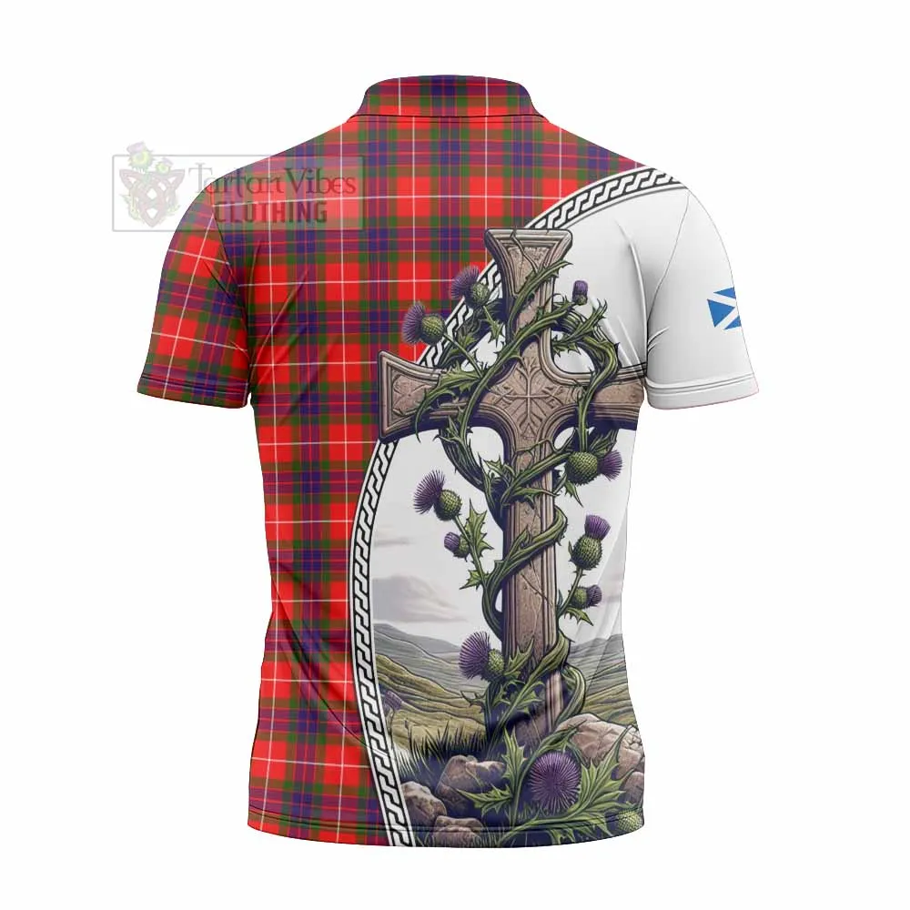 Abernethy Tartan Zipper Polo Shirt with Family Crest and St. Andrew's Cross Accented by Thistle Vines