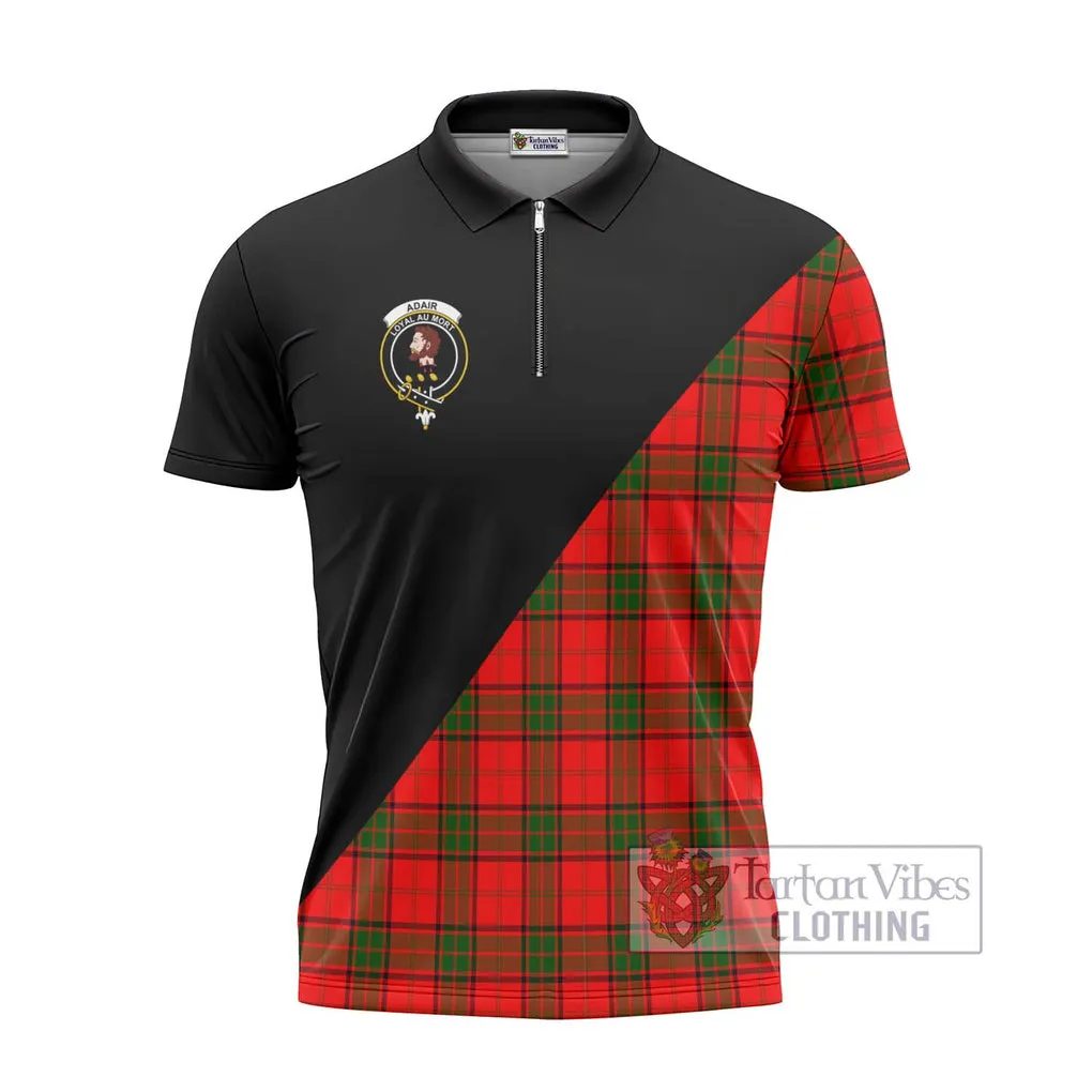 Adair Tartan Zipper Polo Shirt with Family Crest and Military Logo Style