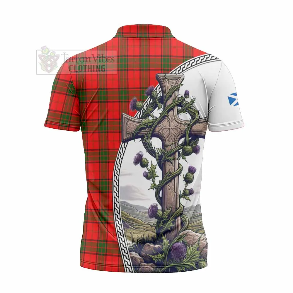 Adair Tartan Zipper Polo Shirt with Family Crest and St. Andrew's Cross Accented by Thistle Vines