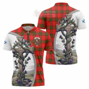 Adair Tartan Zipper Polo Shirt with Family Crest and St. Andrew's Cross Accented by Thistle Vines