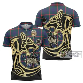 Agnew Tartan Zipper Polo Shirt with Family Crest Celtic Wolf Style