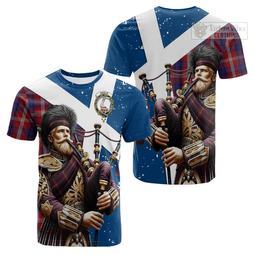 Ainslie Tartan Cotton T-shirt with Family Crest Scottish Bagpiper Vibes