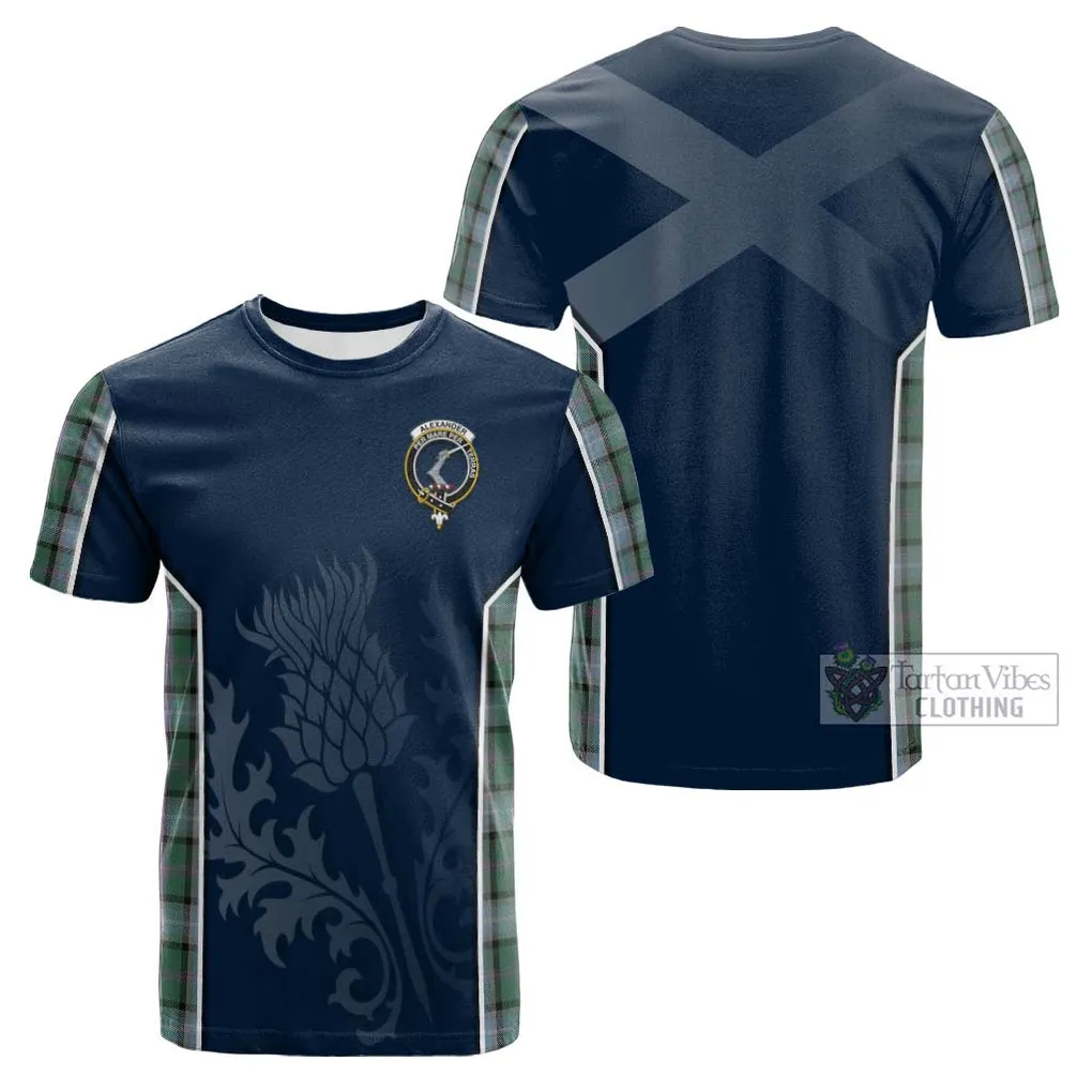 Alexander of Menstry Hunting Tartan Cotton T-shirt with Family Crest and Scottish Thistle Vibes Sport Style