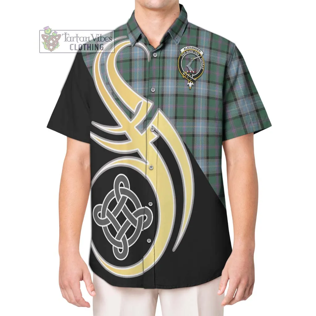 Alexander of Menstry Hunting Tartan Short Sleeve Button Shirt with Family Crest and Celtic Symbol Style