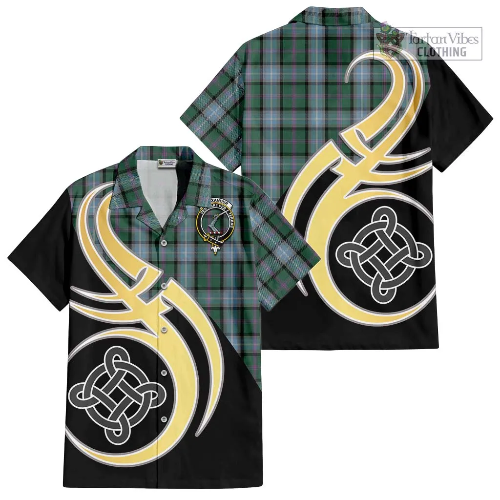 Alexander of Menstry Hunting Tartan Short Sleeve Button Shirt with Family Crest and Celtic Symbol Style