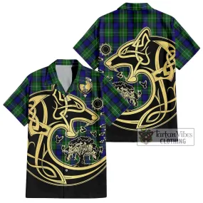 Alexander Tartan Short Sleeve Button Shirt with Family Crest Celtic Wolf Style