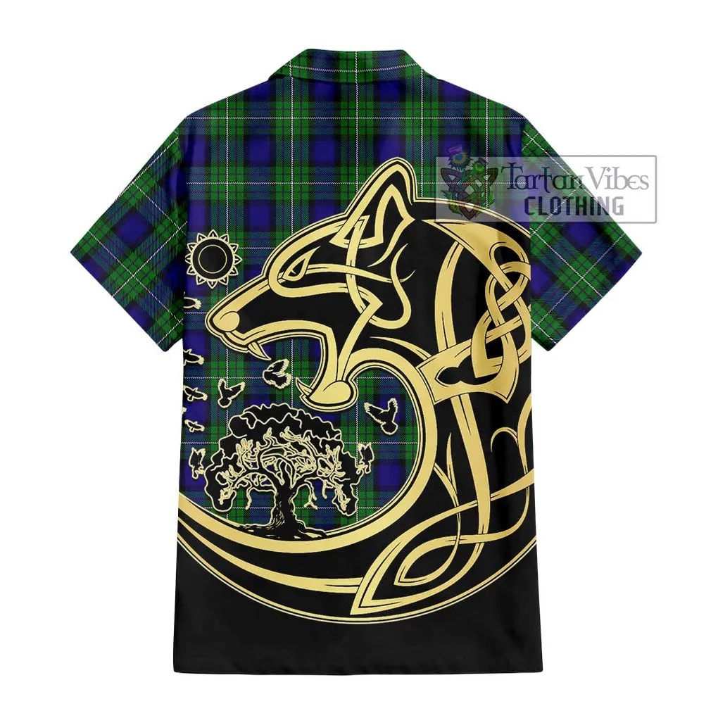 Alexander Tartan Short Sleeve Button Shirt with Family Crest Celtic Wolf Style