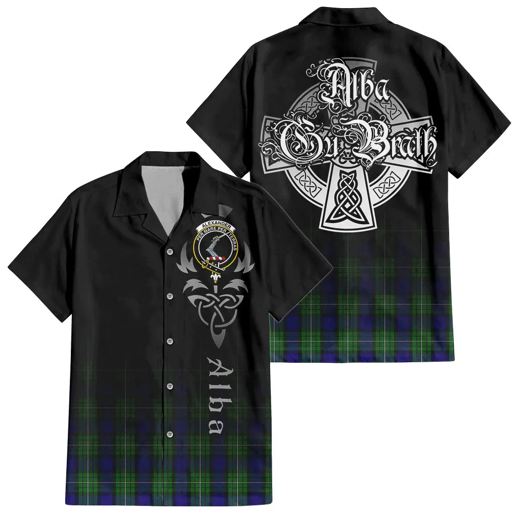 Alexander Tartan Short Sleeve Button Up Shirt Featuring Alba Gu Brath Family Crest Celtic Inspired