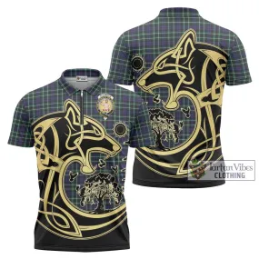 Allardice Tartan Zipper Polo Shirt with Family Crest Celtic Wolf Style