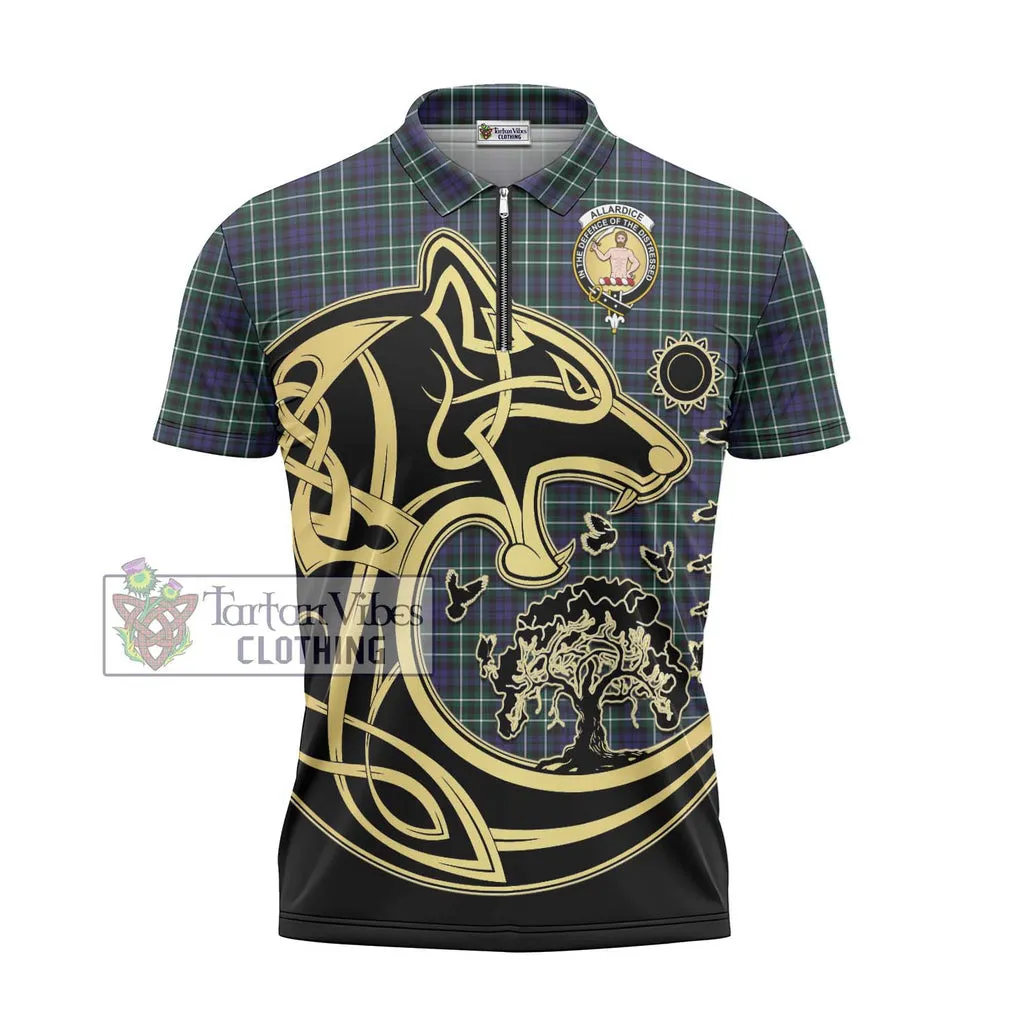 Allardice Tartan Zipper Polo Shirt with Family Crest Celtic Wolf Style