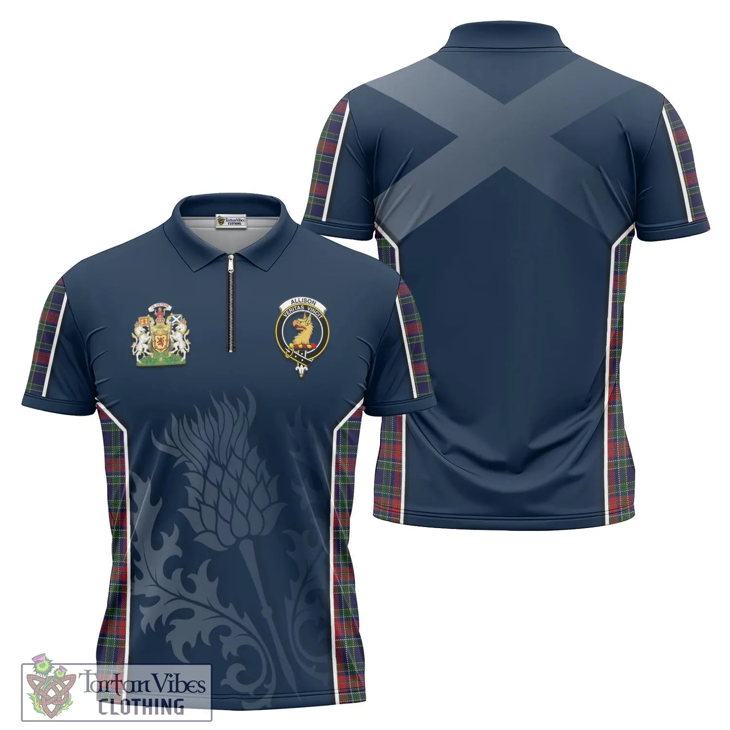 Allison Red Tartan Zipper Polo Shirt with Family Crest and Scottish Thistle Vibes Sport Style