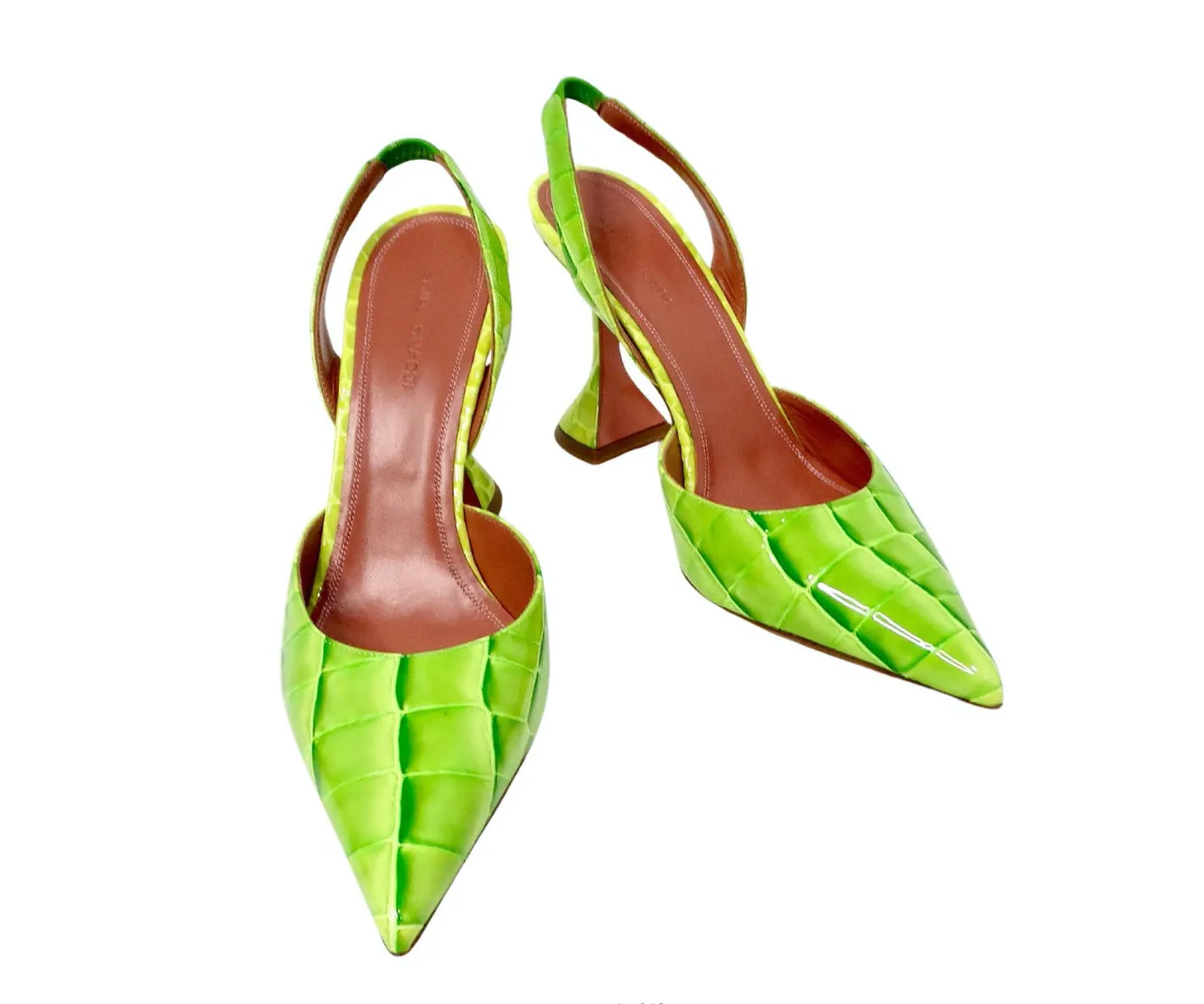 Amina Muaddi Begum Neon Green Croc Embossed Patent Leather Slingback Pumps