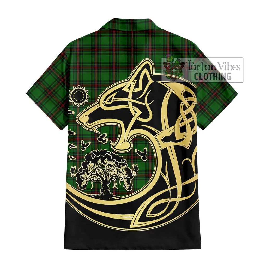 Anstruther Tartan Short Sleeve Button Shirt with Family Crest Celtic Wolf Style