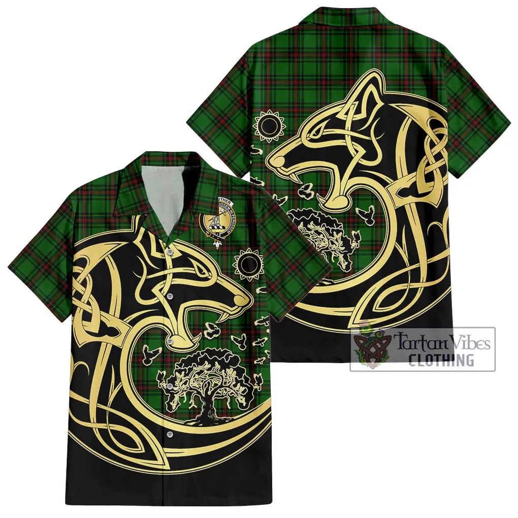 Anstruther Tartan Short Sleeve Button Shirt with Family Crest Celtic Wolf Style