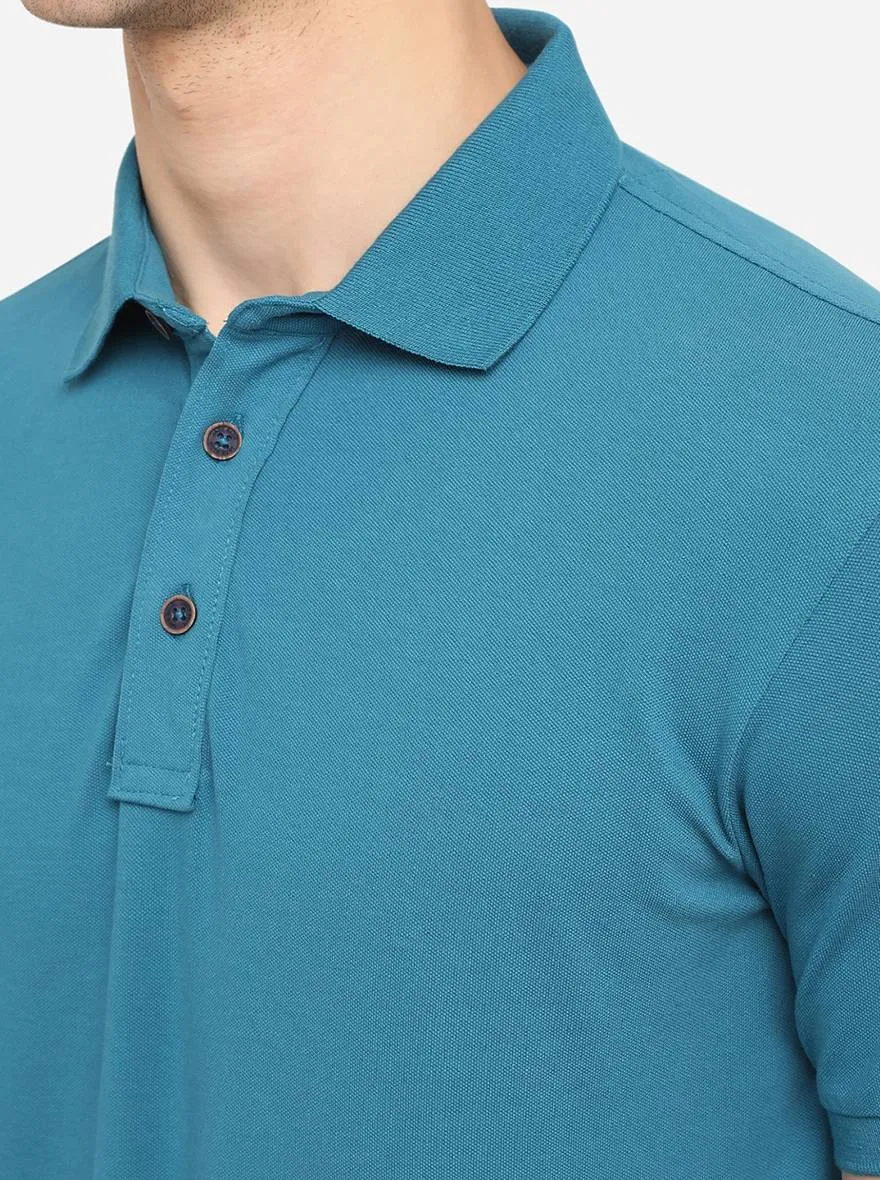 Aqua Blue Solid Slim Fit Polo T-Shirt | JadeBlue