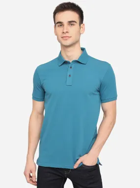 Aqua Blue Solid Slim Fit Polo T-Shirt | JadeBlue