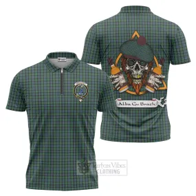 Arbuthnot Tartan Zipper Polo Shirt with Family Crest and Bearded Skull Holding Bottles of Whiskey