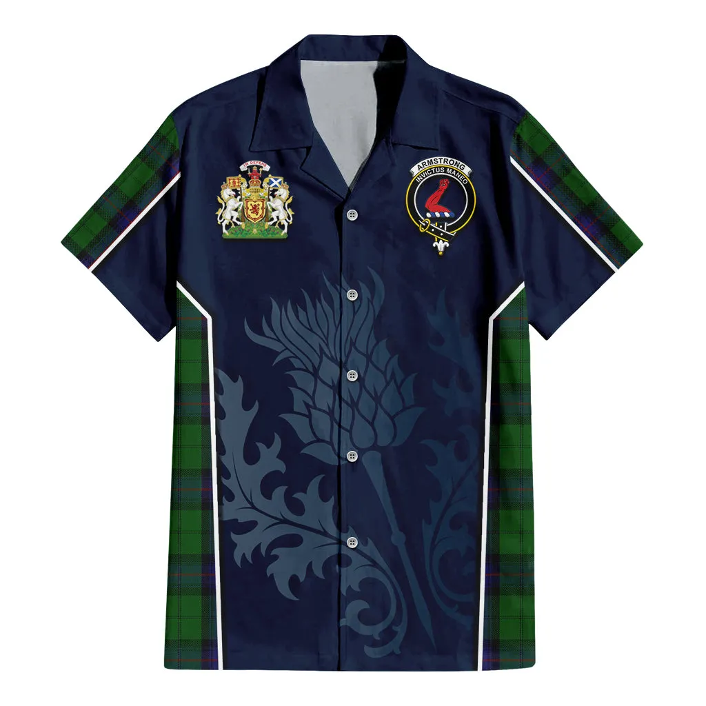 Armstrong Tartan Short Sleeve Button Up Shirt with Family Crest and Scottish Thistle Vibes Sport Style