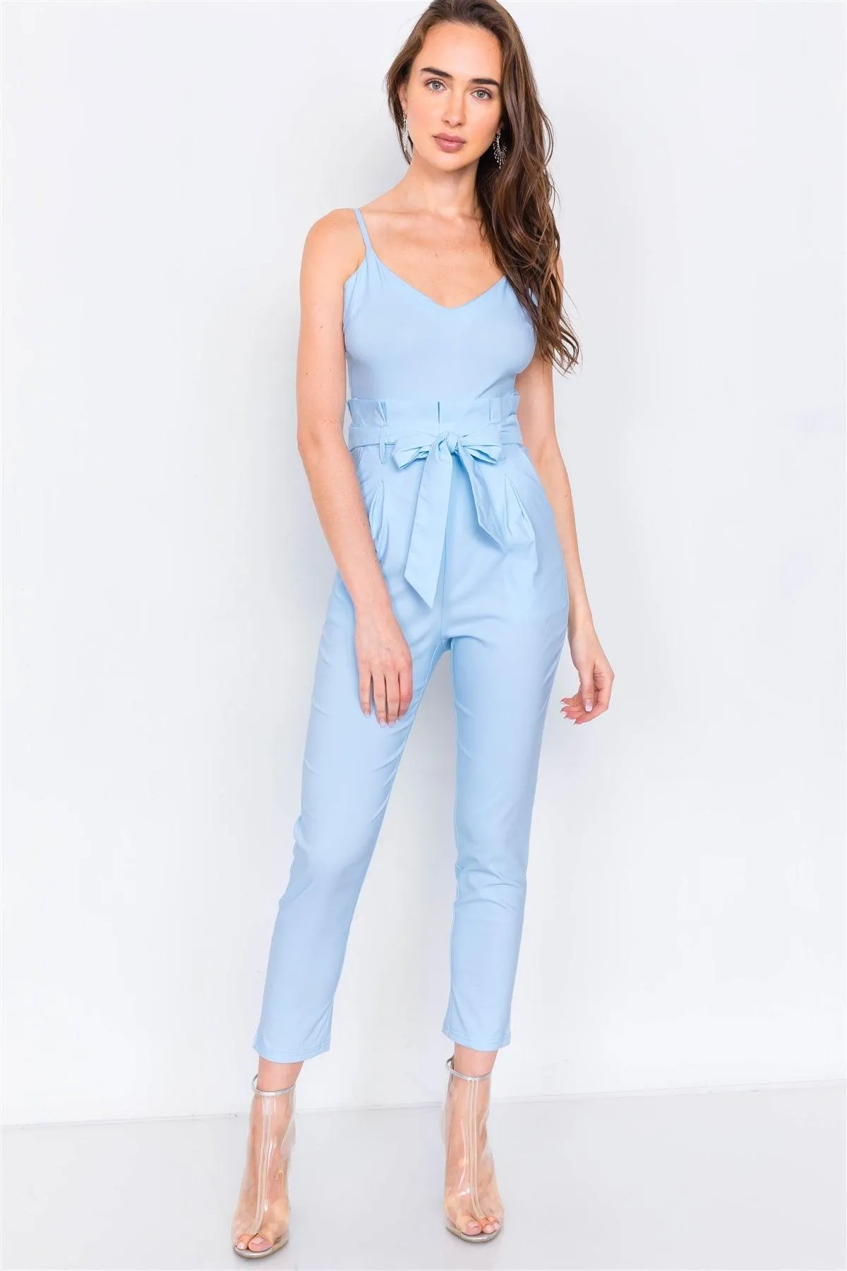 Baby Blue Mock High-Waist V-Neck Cami Casual Chic Jumpsuit