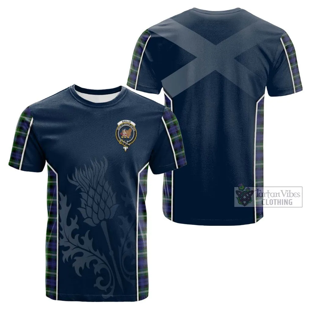 Baillie of Polkemmet Tartan Cotton T-shirt with Family Crest and Scottish Thistle Vibes Sport Style