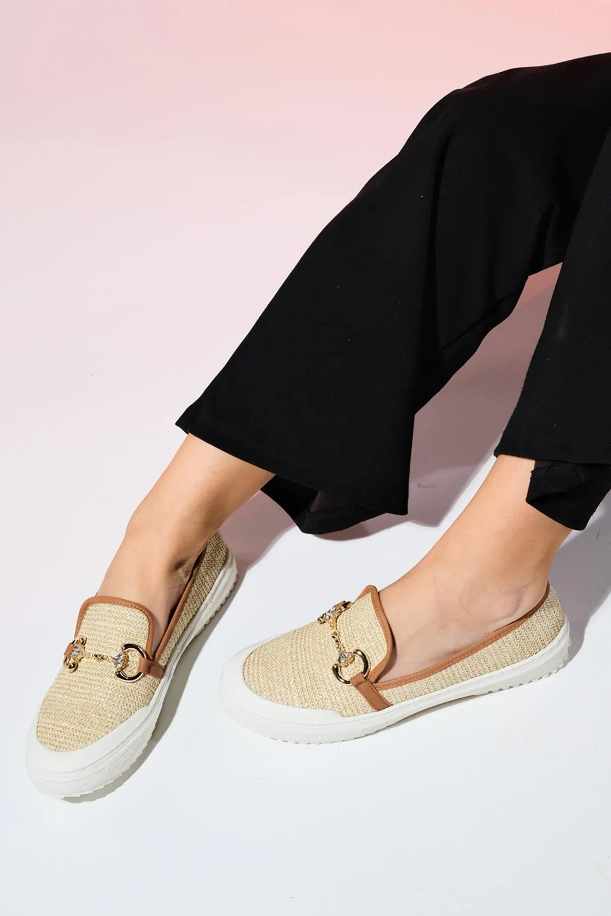 BARCELOS Beige Straw Buckle Women's Loafer Shoes