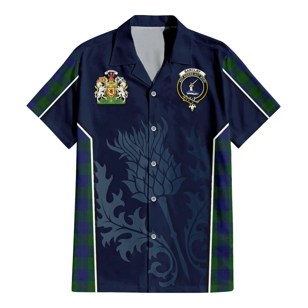 Barclay Tartan Short Sleeve Button Up Shirt with Family Crest and Scottish Thistle Vibes Sport Style