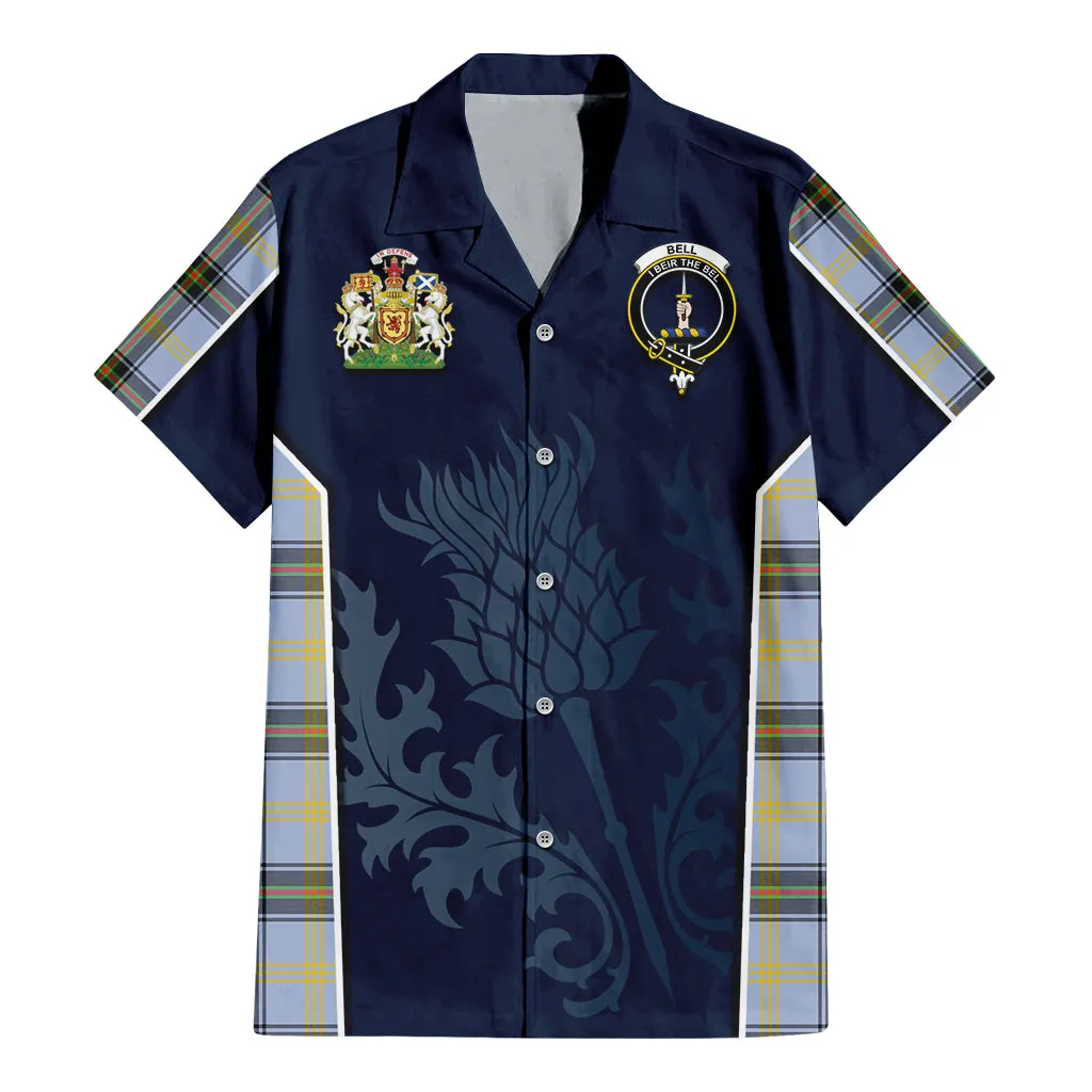 Bell Tartan Short Sleeve Button Up Shirt with Family Crest and Scottish Thistle Vibes Sport Style