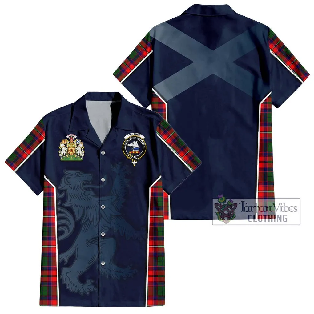 Belshes Tartan Short Sleeve Button Shirt with Family Crest and Lion Rampant Vibes Sport Style