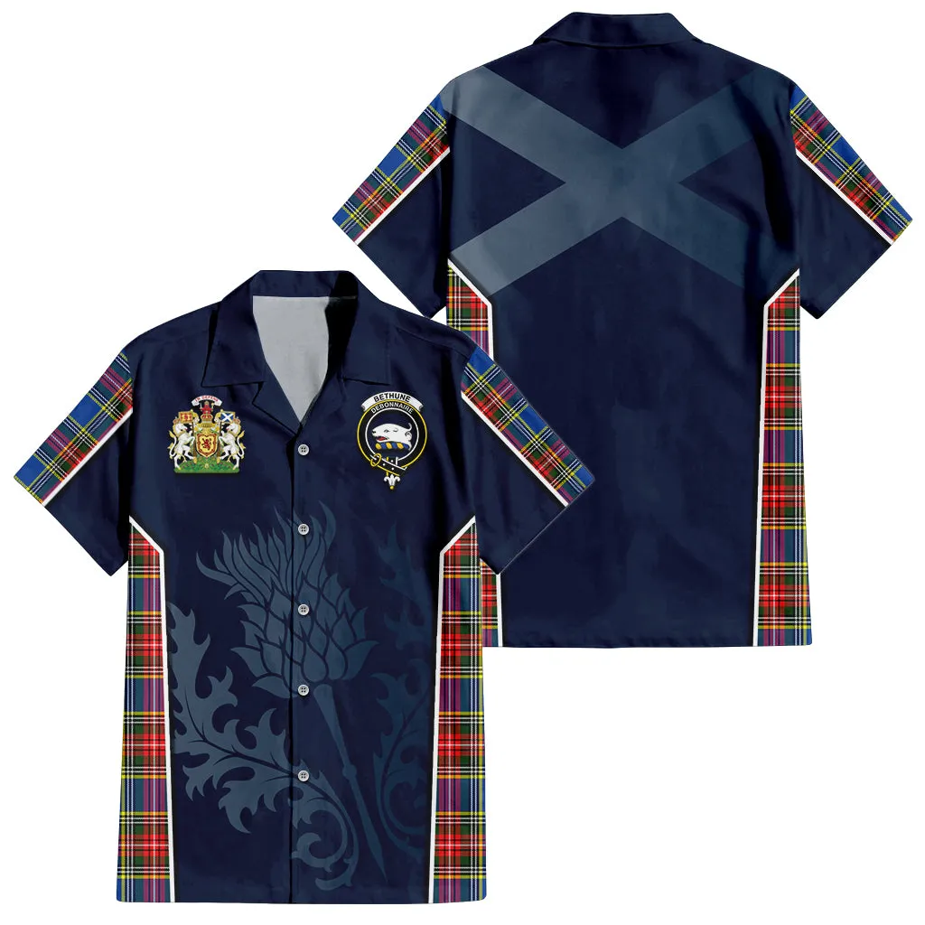 Bethune Tartan Short Sleeve Button Up Shirt with Family Crest and Scottish Thistle Vibes Sport Style