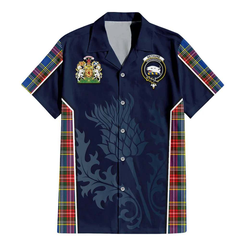 Bethune Tartan Short Sleeve Button Up Shirt with Family Crest and Scottish Thistle Vibes Sport Style