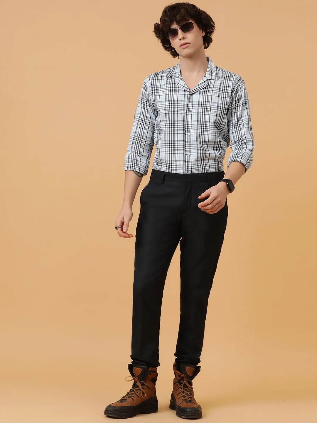 Black & White Pure Cotton Checks Regular Fit Party Wear Shirt