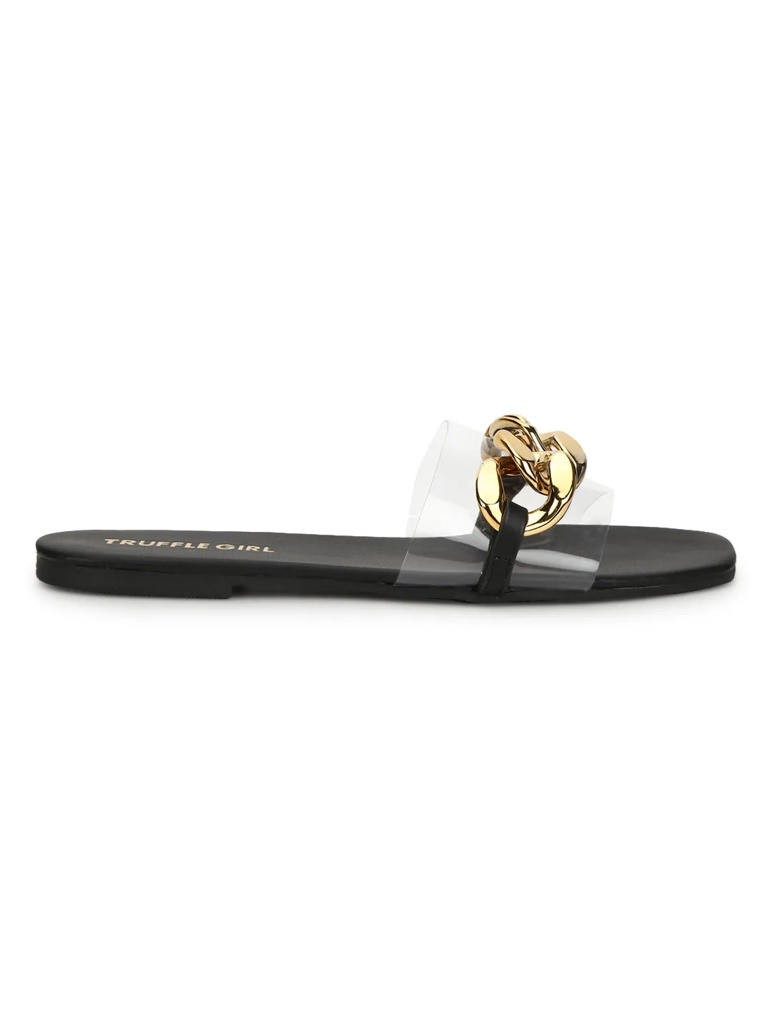 Black PU Gold Chain Slides