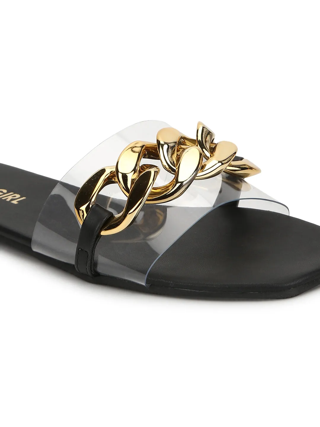 Black PU Gold Chain Slides