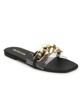 Black PU Gold Chain Slides