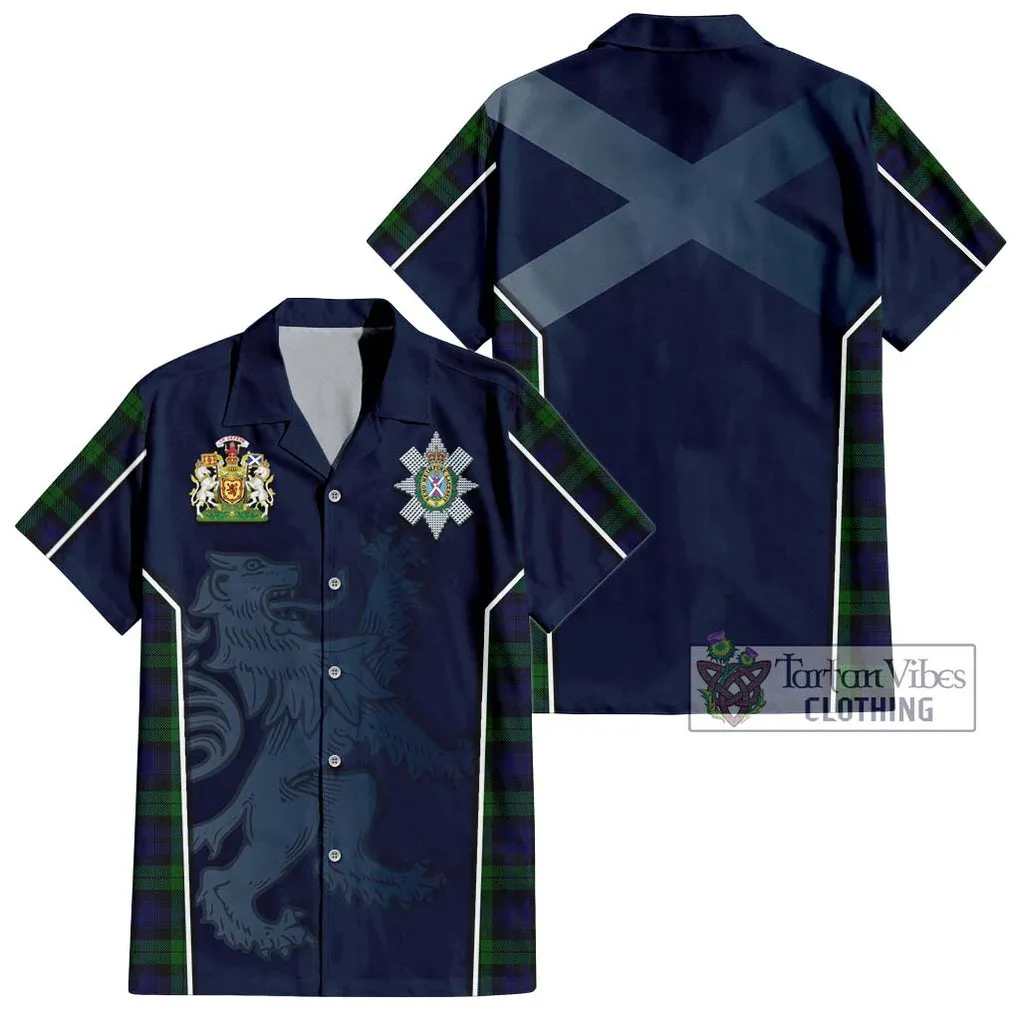 Black Watch Tartan Short Sleeve Button Shirt with Family Crest and Lion Rampant Vibes Sport Style