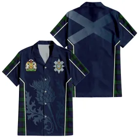 Black Watch Tartan Short Sleeve Button Up Shirt with Family Crest and Scottish Thistle Vibes Sport Style