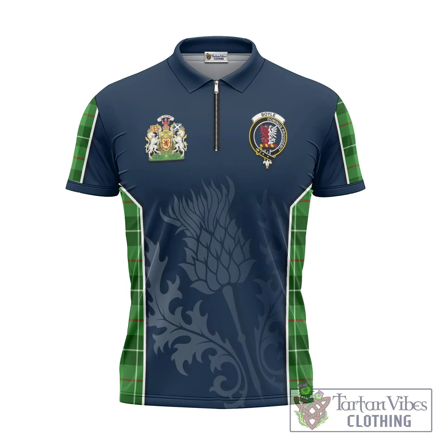 Boyle Tartan Zipper Polo Shirt with Family Crest and Scottish Thistle Vibes Sport Style